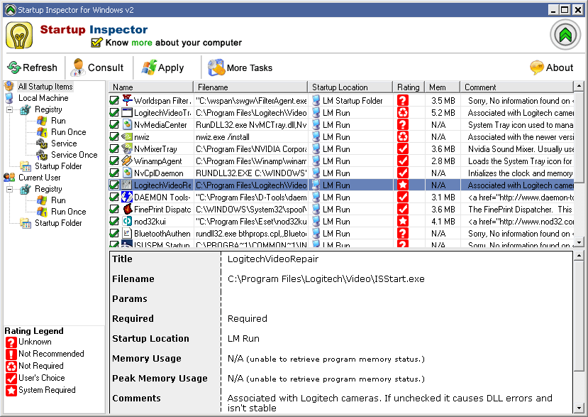 Inspects Windows startup folders and registry and provides consultative info